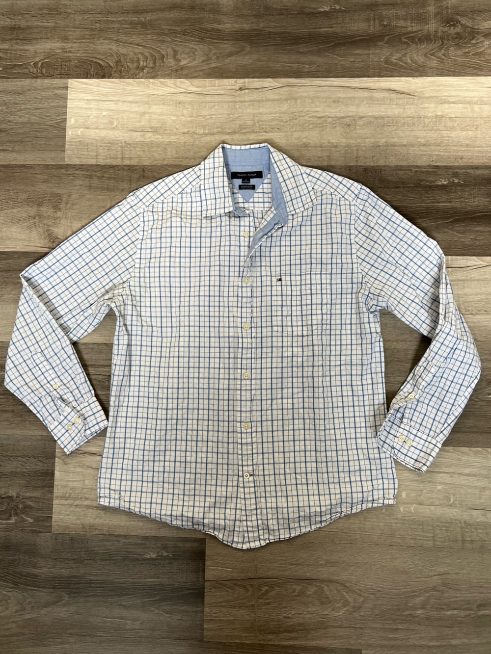 Tommy Hilfiger Men's White Shirt with Blue Windowpane Plaid
